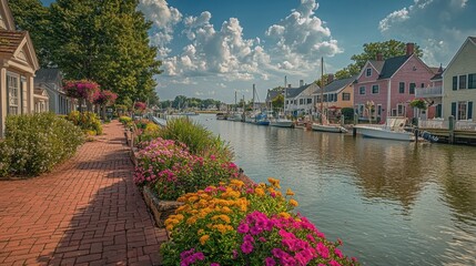 Fototapeta premium Explore the charming waterfront of St, featuring colorful houses and vibrant gardens along the historic canal at sunset