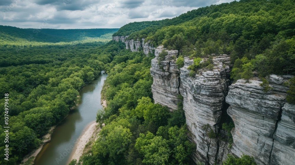 Poster a scenic view of the shawnee national forest showcasing lush greenery and dramatic cliffs beside a w