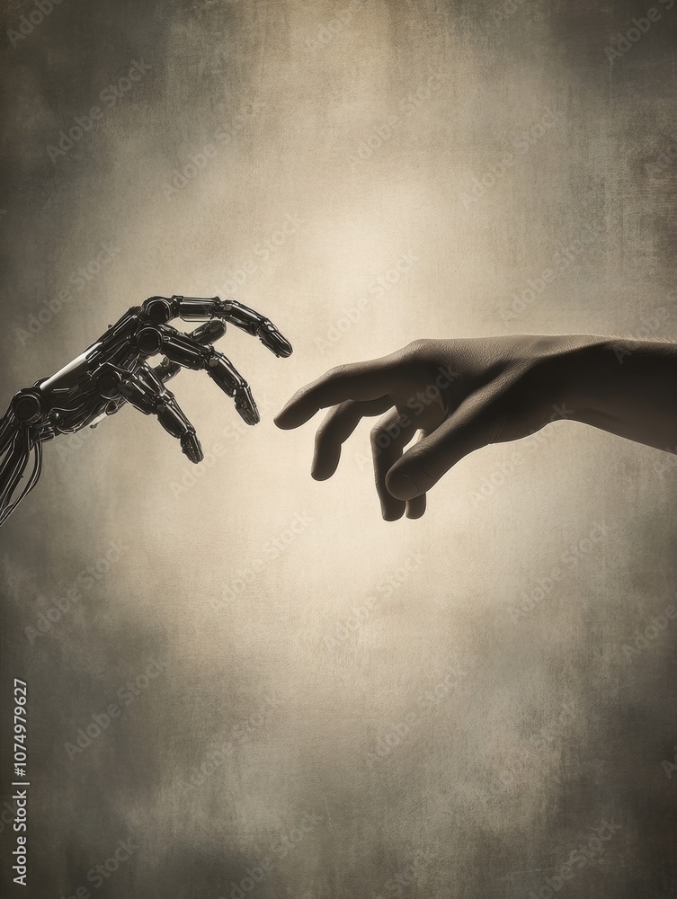 Leinwandbilder a human hand extends toward a robotic hand, symbolizing the connection between humans and technology