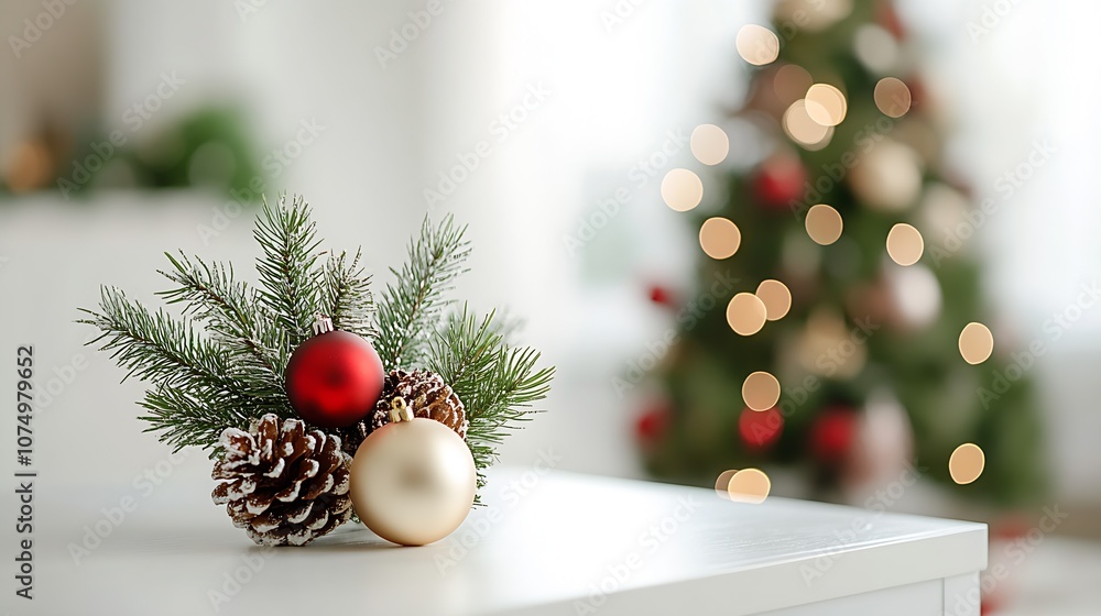 Poster elegant festive christmas ornament display with pinecones and decorated tree : generative ai