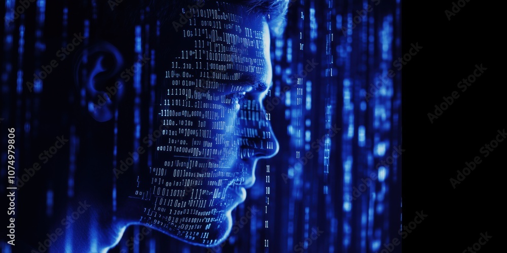 Poster digital face with binary code overlay, futuristic technology concept