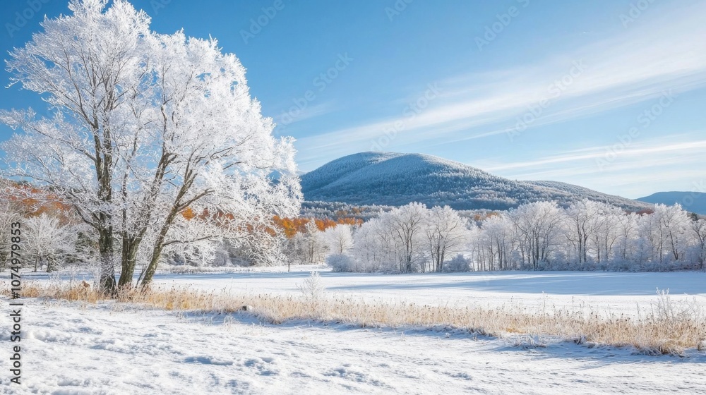 Poster winter landscape of the scenic monadnock region with frosty trees and snow-covered field under a cle
