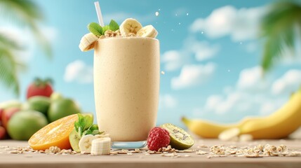 Banana smoothie topped with fruit slices arranged on a wooden table tropical fruit focus detailed fruit accents, Photorealistic