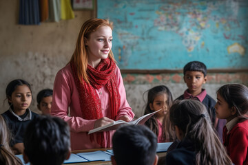 Dedicated teacher engaging students in a classroom setting during a lesson on geography in a vibrant local school. Generative AI
