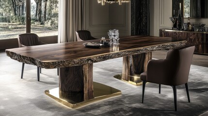 Elegant Wooden Dining Table with Unique Live Edge Design in Modern Dining Room with Stylish Chairs and Natural Light