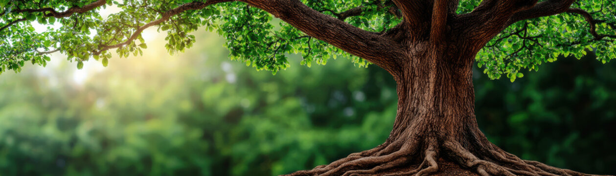 A majestic tree with lush green leaves, showcasing a sturdy trunk and intricate roots, capturing the beauty of nature in a serene environment.