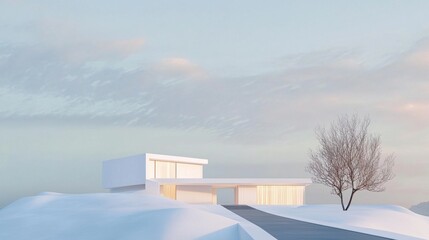 A white house is on a snowy hill with a tree in front of it