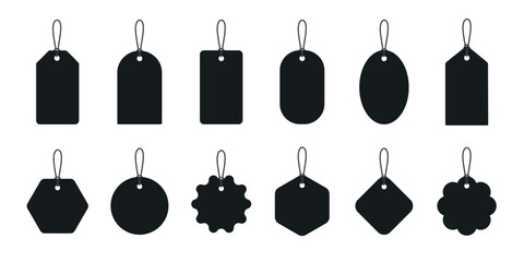 Set blank black paper price tags or gift tags. Special offer or shopping discount label. Promotional sale badge. Paper labels with cord.