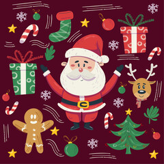 Santa Claus surrounded by Christmas elements: gingerbread man, reindeer, sweets, gifts, Christmas tree and decorative balls, creating a cheerful and festive scene