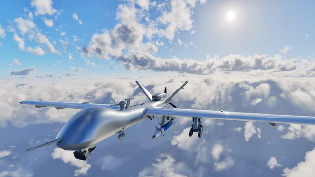 An aerial view of an advanced, unmarked and unmanned aerial combat drone flying at high altitude.