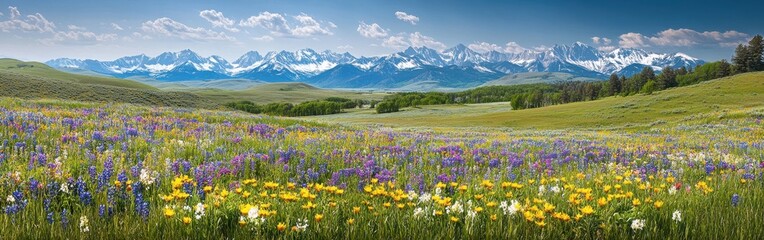 Obraz premium A stunning view of colorful wildflowers in a serene valley with snow-capped mountains in the background during a sunny day