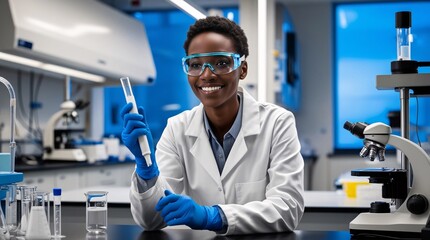 In a contemporary lab filled with advanced equipment, a scientist in a white coat and safety glasses holds a test tube, smiling confidently. The space features various glassware and a microscope