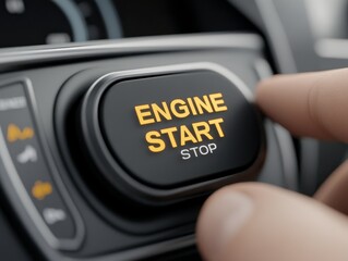 Engine start button showing "ENGINE START STOP" backlit on a smooth black satin surface surrounded by advanced dashboard tech, Photorealistic