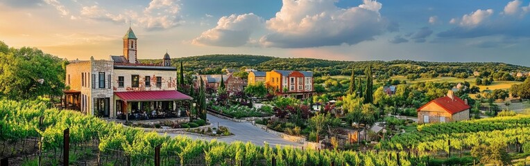 Charming town nestled among vineyards during a vibrant sunset in the countryside, showcasing rustic architecture and lush greenery