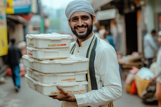 Dabbawala with Stacked Lunchboxes in India