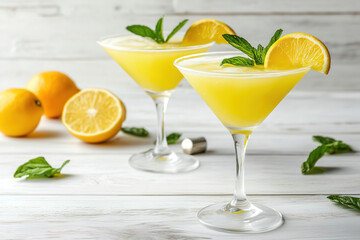 Fototapeta premium Refreshing lemon cocktails with mint garnish and fresh lemons on a wooden surface during a sunny afternoon. Generative AI