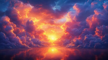 Fototapeta premium a stunning display of colorful clouds fills the sky at sunset, casting warm golden light and vibrant reflections, creating a mesmerizing and serene atmospheric scene of day transitioning to night