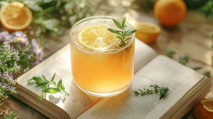 Refreshing citrus drink garnished with herbs, placed on an open book amidst fresh ingredients and soft lighting.