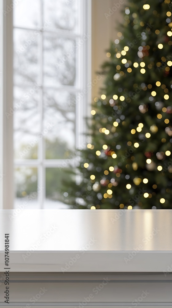 Poster calm winter morning with christmas tree bokeh and frosted window scene indoors : generative ai
