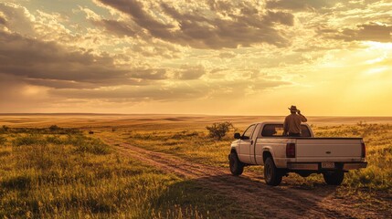 A cowboy enjoys sunset views from his pickup truck on a Texas dirt road surrounded by open fields