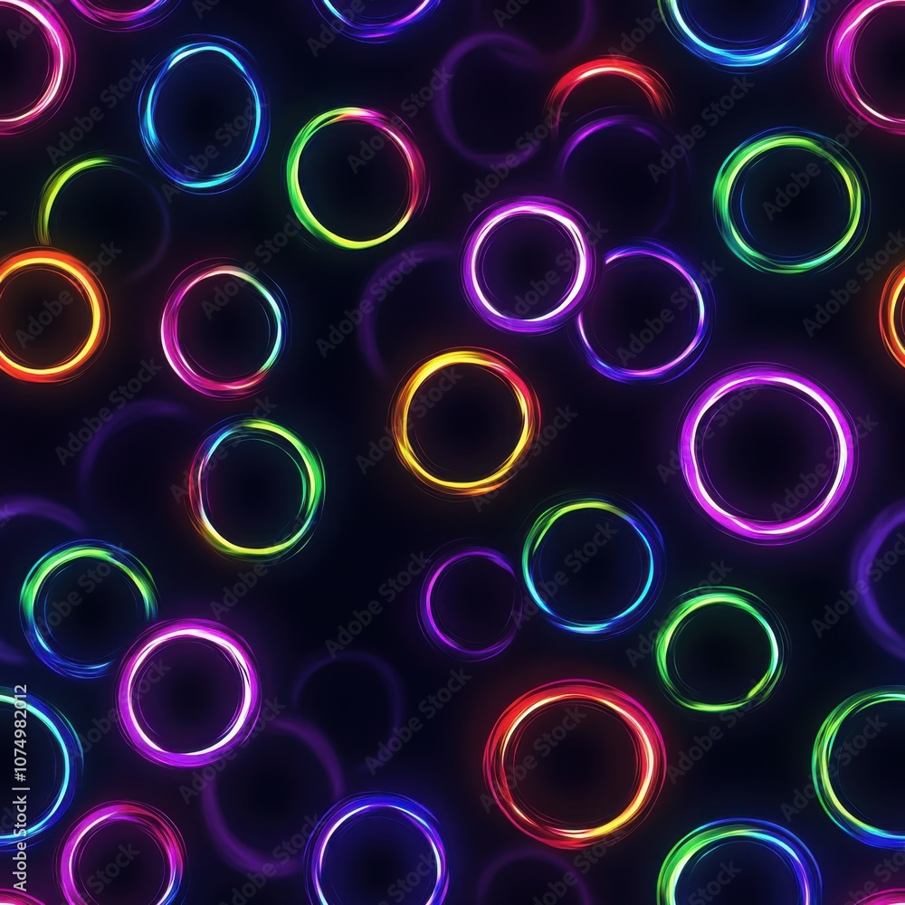 Aufkleber A vibrant pattern of glowing neon circles in an abstract design radiating color in a dark background space, creating an energetic atmosphere