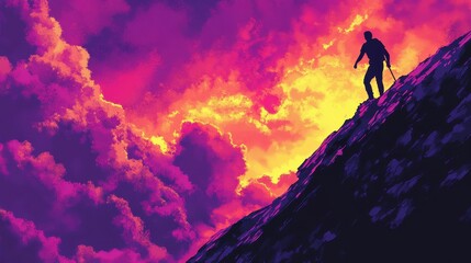 Determined Climber at Sunset on Mountain Peak