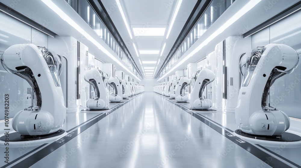 Poster futuristic factory with rows of robots