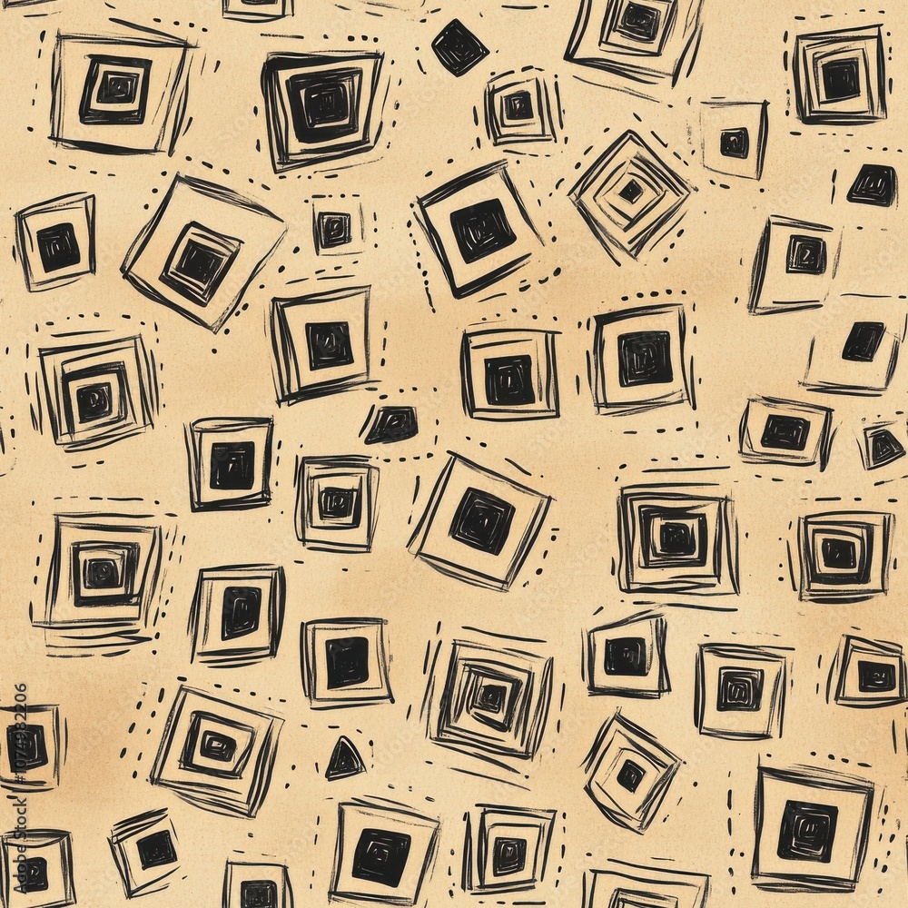 Poster Hand-drawn pattern of squares and diamonds in black ink on a beige background showcasing appealing geometric design