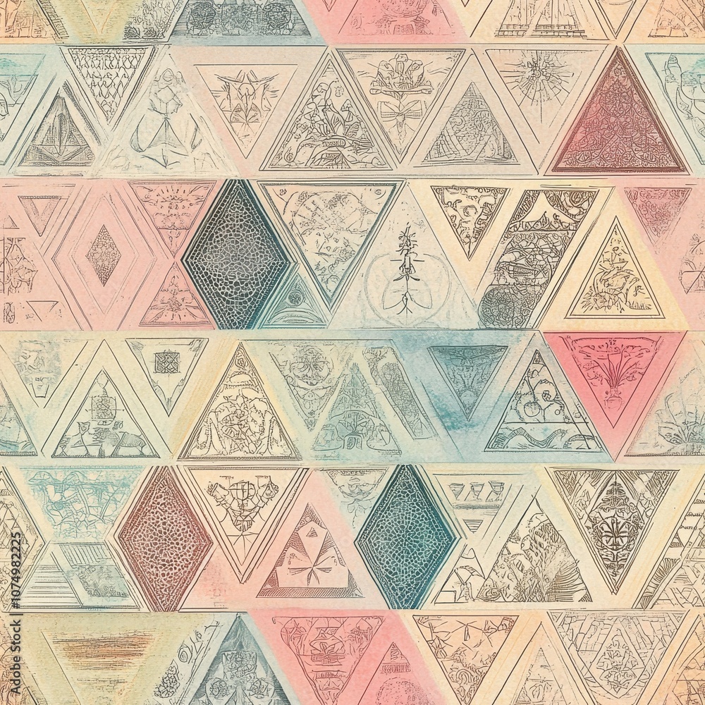 Poster Intricate detailed pattern of colorful triangles showcasing unique designs in a harmonious arrangement over a pastel background