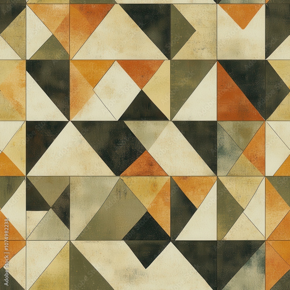 Poster an intricate pattern of triangles in earthy tones featuring warm hues and geometric designs suitable