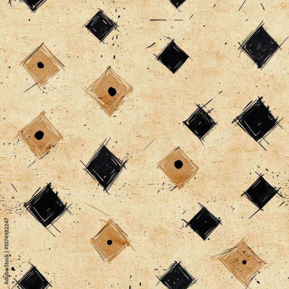 Poster Hand-drawn squares and diamonds pattern on textured background creating a unique artistic design suitable for various creative projects