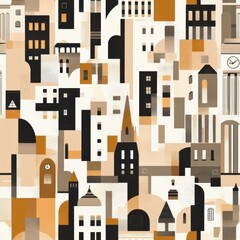 Abstract university-inspired pattern showcasing diverse architecture in warm tones and geometric shapes, perfect for creative designs