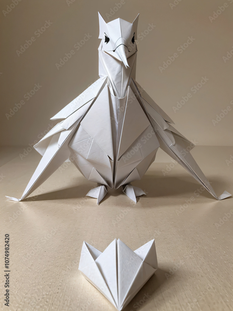 Aufkleber a bird made of paper pieces, neatly folded like origami. each part of the bird has a realistic paper
