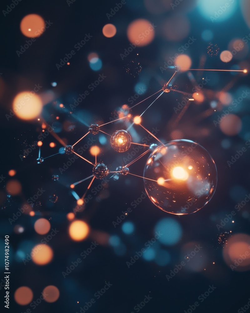 Poster Molecular structure visualization showcasing intricate connections and glowing particles in an abstract space environment