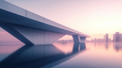 Fototapeta premium A modern minimalist concrete bridge reflecting in calm water at dawn with city skyline in the background