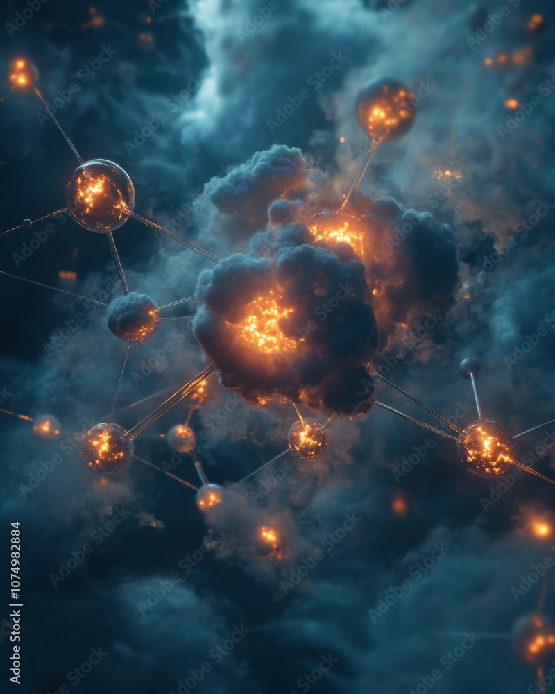 Poster A captivating artistic rendering of a cosmic nebula with glowing elements in a dark, swirling atmosphere, resembling a stellar formation