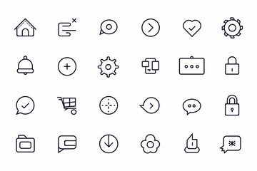 Learning and Technology hand-drawn line art icon set. Home, documents, settings, message, desktop, laptop, idea, notification, location, security Icon set. Line art vector icon package.