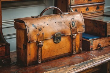 A weathered leather messenger bag sits prominently on a polished wooden table inside an antique shop. Its aged charm reflects a rich history, inviting exploration of its contents