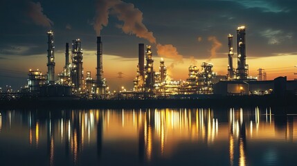 Fototapeta premium Industrial Complex Reflected in Water at Twilight