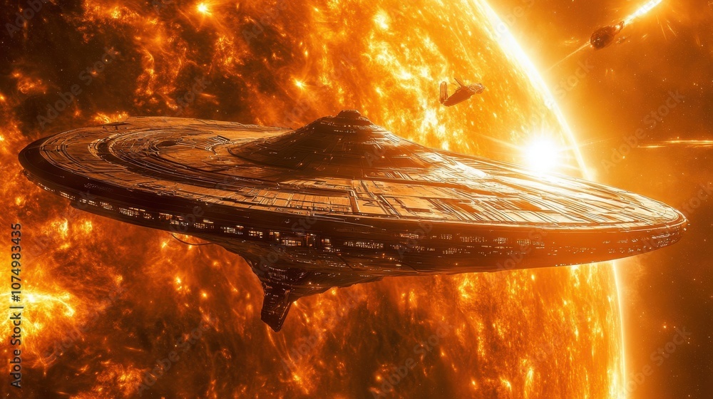 Aufkleber a dramatic spaceship orbits a massive sun, showcasing intricate design against a backdrop of fiery s