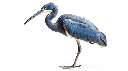 Avian Elegance: Striking Blue Heron Portrait on Pristine White