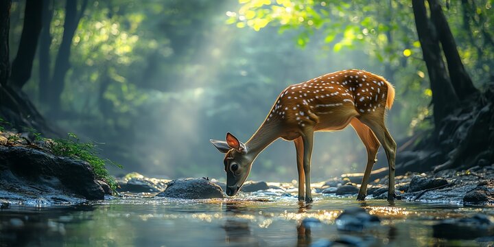A spotted deer drinks water from a clear stream in a lush green forest, surrounded by dappled sunlight.