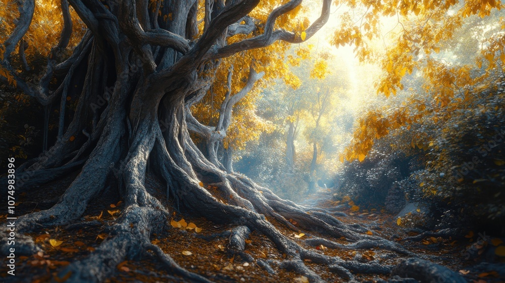 Poster a breathtaking view of ancient trees with dramatic roots and golden leaves in a mystical forest duri