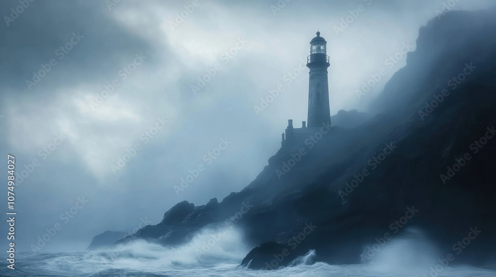 Poster a coastal lighthouse shrouded in dense fog overlooking turbulent waves at dawn