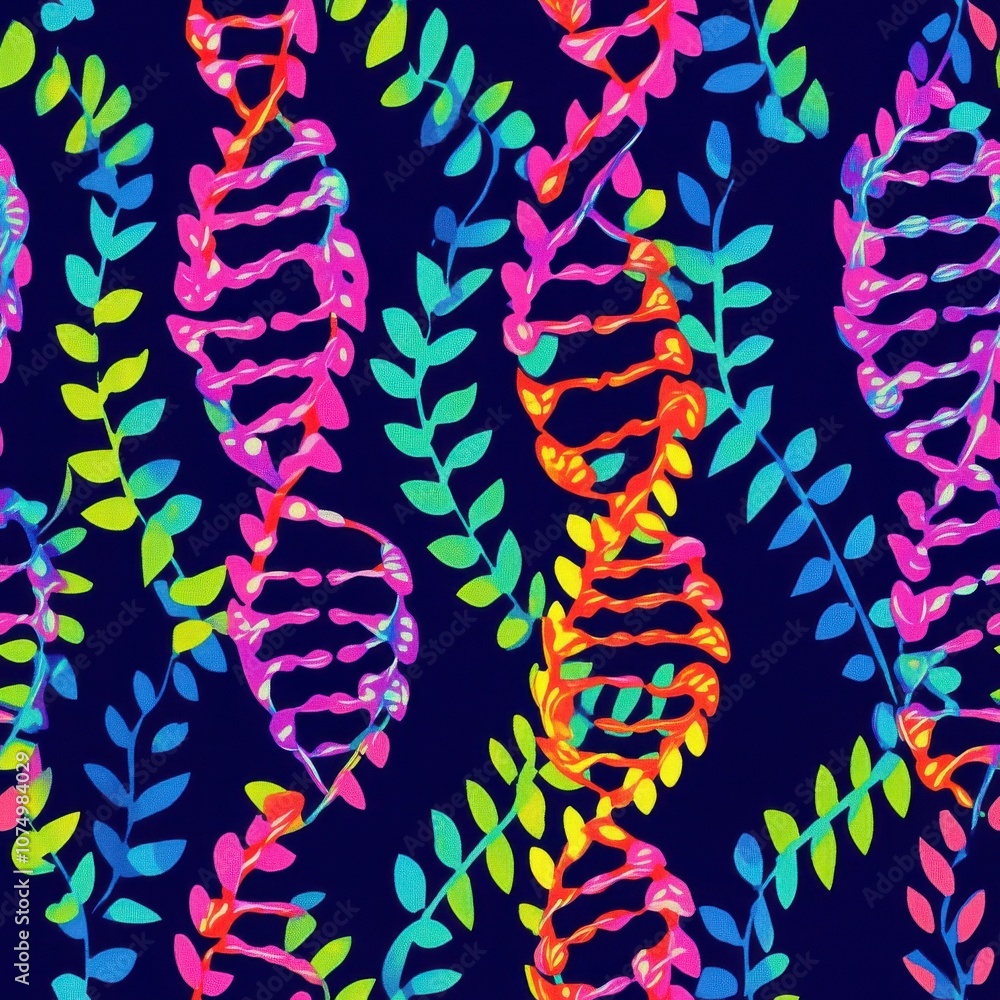 Aufkleber vibrant double-helix dna strands intertwined with colorful leaves in an artistic representation set 