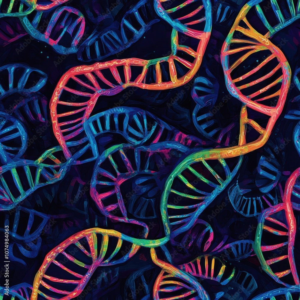 Poster a vibrant depiction of double-helix dna strands interwoven in a colorful pattern against a dark back