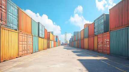 Fototapeta premium Vibrant shipping containers aligned in a storage yard under a clear blue sky, symbolizing global trade.
