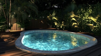 Luxurious backyard pool with a wooden deck and high bush fence in the background, providing an intimate atmosphere in this 3D render
