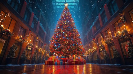 Naklejka premium a towering christmas tree adorned with bright lights and colorful presents creates a festive atmosphere, radiating joy and holiday spirit