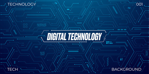 Circuit board. Abstract technology background with text. Tech bg in electric blue. Big data and AI chip concept.  Digital banner in navy blue. Futuristic computer pattern. Vector illustration. 